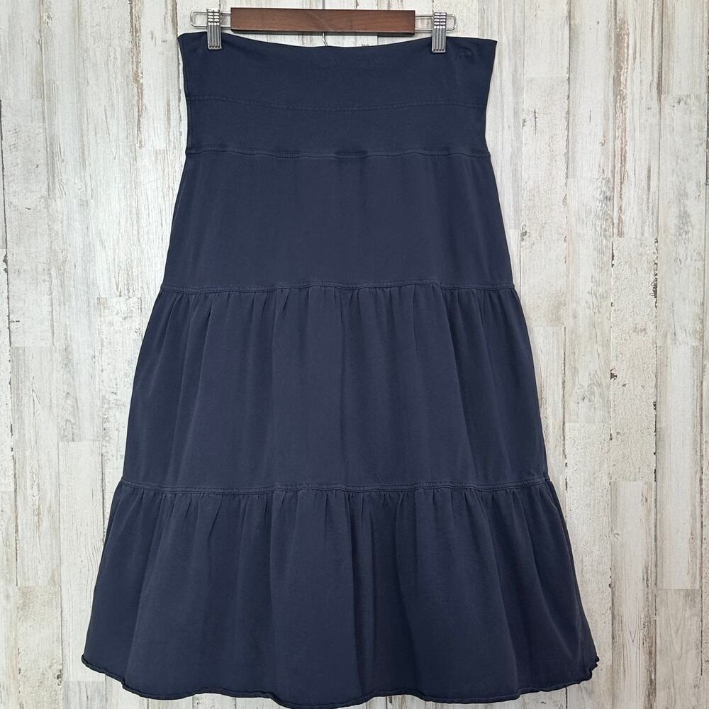 Loft Cotton Tiered Skirt High Waist Stretch Ruched Navy Blue Sz Medium Coastal - Picture 2 of 9